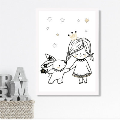 Artze Wall Art Scandi Princess Little Girl And Rabbit Framed Print Size: A3 With White Frame from B&Q