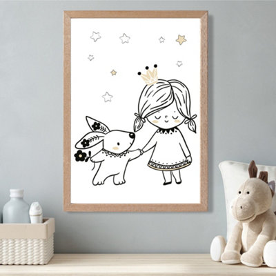 Artze Wall Art Scandi Princess Little Girl And Rabbit Framed Print Size: A3 With Oak Frame from B&Q