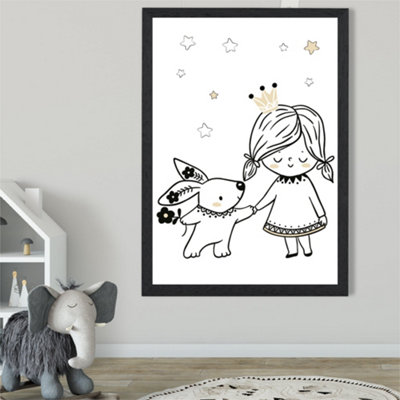 Artze Wall Art Scandi Princess Little Girl And Rabbit Framed Print Size: A2 With Black Frame from B&Q