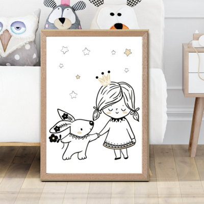 Artze Wall Art Scandi Princess Little Girl And Rabbit Framed Print Size: A2 With Oak Frame from B&Q
