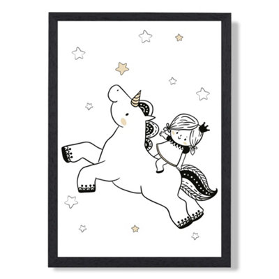 Artze Wall Art Scandi Princess Little Girl And Unicorn Art Print With Black Frame Size: A4 from B&Q