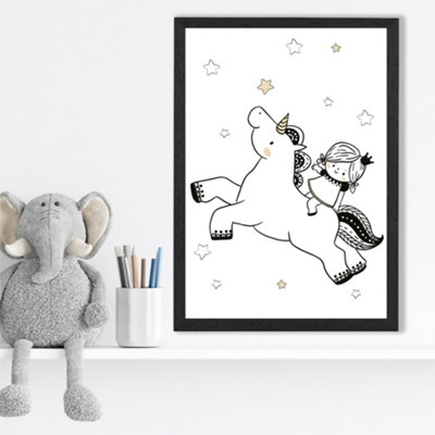 Artze Wall Art Scandi Princess Little Girl And Unicorn Framed Print Size: A3 With Black Frame from B&Q