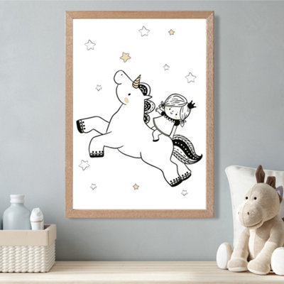 Artze Wall Art Scandi Princess Little Girl And Unicorn Framed Print Size: A3 With Oak Frame from B&Q
