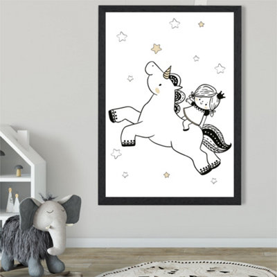 Artze Wall Art Scandi Princess Little Girl And Unicorn Framed Print Size: A2 With Black Frame from B&Q