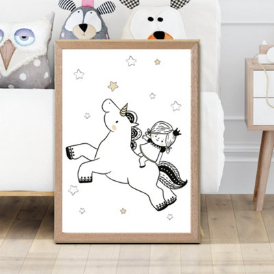 Artze Wall Art Scandi Princess Little Girl And Unicorn Framed Print Size: A2 With Oak Frame from B&Q