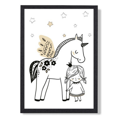 Artze Wall Art Scandi Princess Little Girl And Pegasus Art Print With Black Frame Size: A4 from B&Q