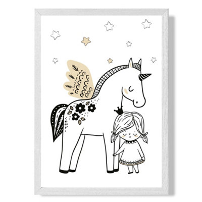 Artze Wall Art Scandi Princess Little Girl And Pegasus Art Print With White Frame Size: A4 from B&Q
