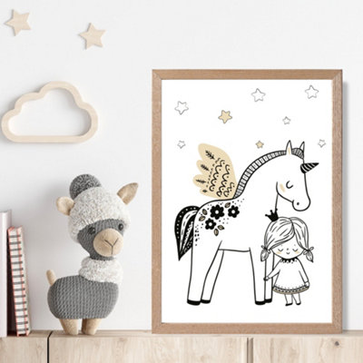 Artze Wall Art Scandi Princess Little Girl And Pegasus Framed Print Size: A4 With Oak Frame from B&Q