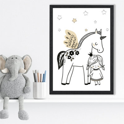 Artze Wall Art Scandi Princess Little Girl And Pegasus Framed Print Size: A3 With Black Frame from B&Q