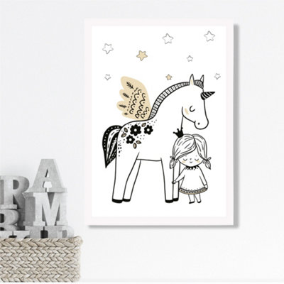 Artze Wall Art Scandi Princess Little Girl And Pegasus Framed Print Size: A3 With White Frame from B&Q