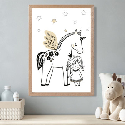 Artze Wall Art Scandi Princess Little Girl And Pegasus Framed Print Size: A3 With Oak Frame from B&Q