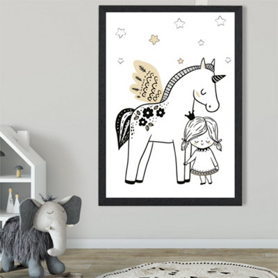 Artze Wall Art Scandi Princess Little Girl And Pegasus Framed Print Size: A2 With Black Frame from B&Q