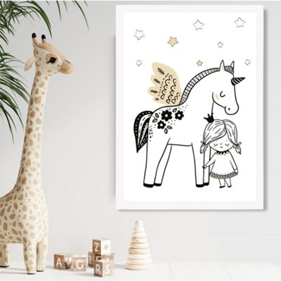Artze Wall Art Scandi Princess Little Girl And Pegasus Framed Print Size: A2 With White Frame from B&Q