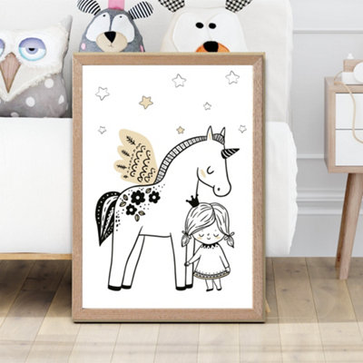 Artze Wall Art Scandi Princess Little Girl And Pegasus Framed Print Size: A2 With Oak Frame from B&Q