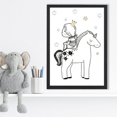 Artze Wall Art Scandi Princess Little Girl Sitting On Unicorn Framed Print Size: A3 With Black Frame from B&Q