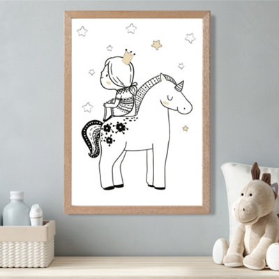 Artze Wall Art Scandi Princess Little Girl Sitting On Unicorn Framed Print Size: A3 With Oak Frame from B&Q