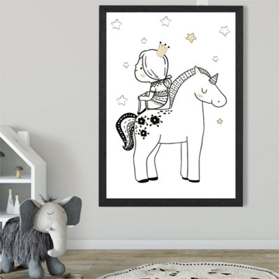 Artze Wall Art Scandi Princess Little Girl Sitting On Unicorn Framed Print Size: A2 With Black Frame from B&Q
