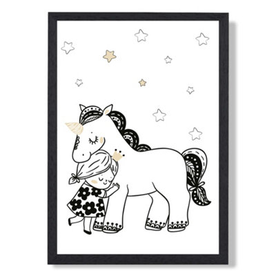 Artze Wall Art Scandi Princess Little Girl Hugging Unicorn Art Print With Black Frame Size: A4 from B&Q