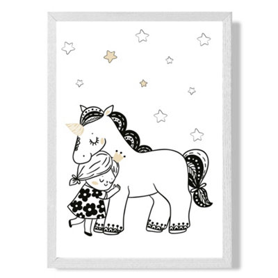 Artze Wall Art Scandi Princess Little Girl Hugging Unicorn Art Print With White Frame Size: A4 from B&Q