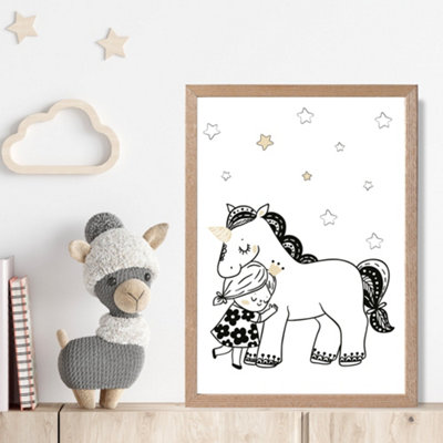 Artze Wall Art Scandi Princess Little Girl Hugging Unicorn Framed Print Size: A4 With Oak Frame from B&Q