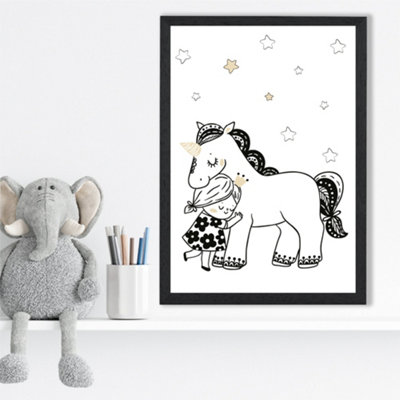 Artze Wall Art Scandi Princess Little Girl Hugging Unicorn Framed Print Size: A3 With Black Frame from B&Q