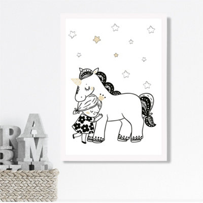 Artze Wall Art Scandi Princess Little Girl Hugging Unicorn Framed Print Size: A3 With White Frame from B&Q