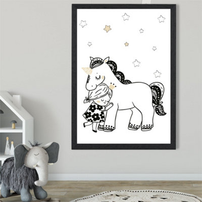 Artze Wall Art Scandi Princess Little Girl Hugging Unicorn Framed Print Size: A2 With Black Frame from B&Q