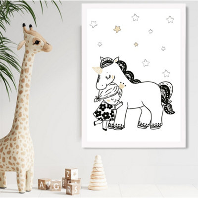 Artze Wall Art Scandi Princess Little Girl Hugging Unicorn Framed Print Size: A2 With White Frame from B&Q