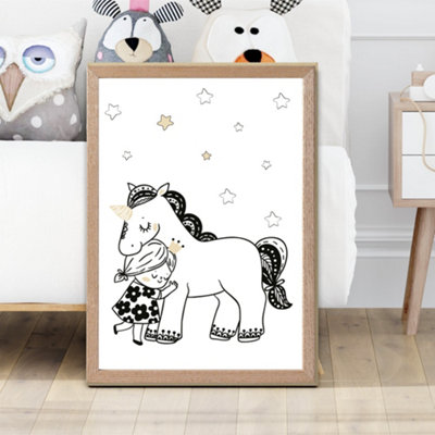 Artze Wall Art Scandi Princess Little Girl Hugging Unicorn Framed Print Size: A2 With Oak Frame from B&Q