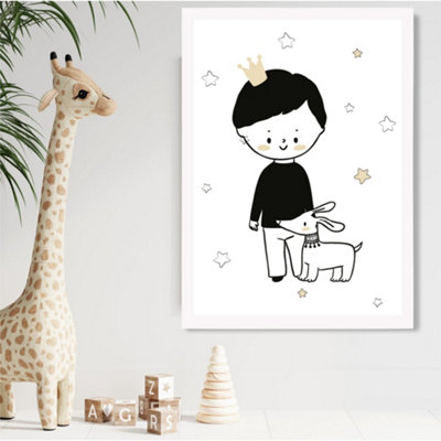Artze Wall Art Scandi Prince Little Boy With Dog Framed Print Size: A2 With White Frame from B&Q