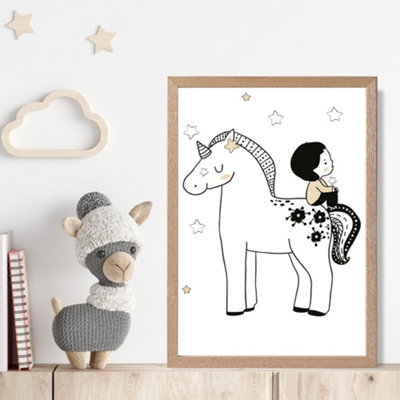 Artze Wall Art Scandi Prince Little Boy Sitting On A Unicorn Framed Print Size: A4 With Oak Frame from B&Q