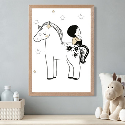 Artze Wall Art Scandi Prince Little Boy Sitting On A Unicorn Framed Print Size: A3 With Oak Frame from B&Q