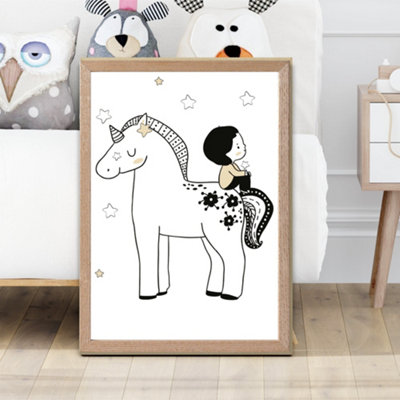 Artze Wall Art Scandi Prince Little Boy Sitting On A Unicorn Framed Print Size: A2 With Oak Frame from B&Q