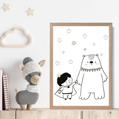 Artze Wall Art Scandi Prince Little Boy With Bear Framed Print Size: A4 With Oak Frame from B&Q