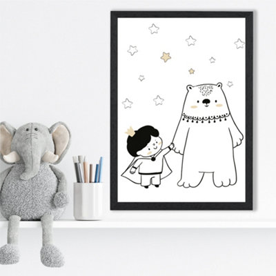 Artze Wall Art Scandi Prince Little Boy With Bear Framed Print Size: A3 With Black Frame from B&Q