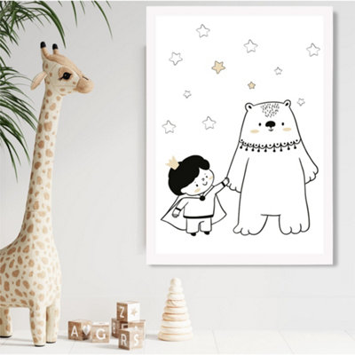 Artze Wall Art Scandi Prince Little Boy With Bear Framed Print Size: A2 With White Frame from B&Q
