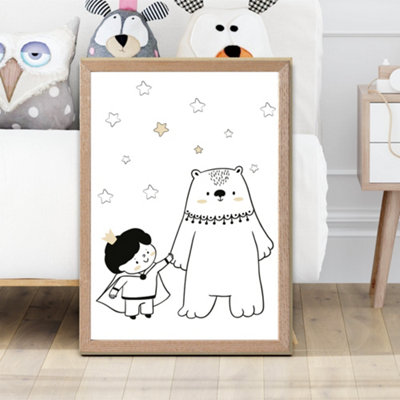 Artze Wall Art Scandi Prince Little Boy With Bear Framed Print Size: A2 With Oak Frame from B&Q