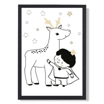 Artze Wall Art Scandi Prince Little Boy With Reindeer Art Print With Black Frame Size: A4 from B&Q
