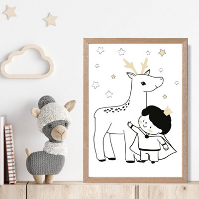 Artze Wall Art Scandi Prince Little Boy With Reindeer Framed Print Size: A4 With Oak Frame from B&Q