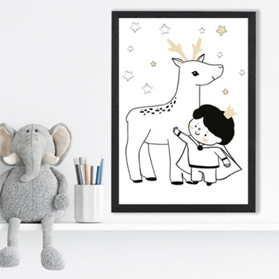 Artze Wall Art Scandi Prince Little Boy With Reindeer Framed Print Size: A3 With Black Frame from B&Q
