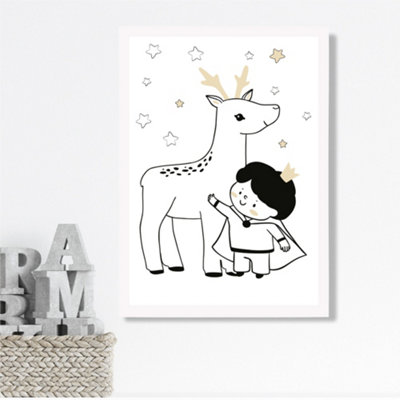 Artze Wall Art Scandi Prince Little Boy With Reindeer Framed Print Size: A3 With White Frame from B&Q