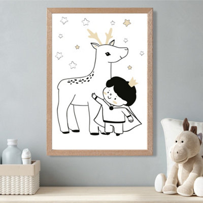 Artze Wall Art Scandi Prince Little Boy With Reindeer Framed Print Size: A3 With Oak Frame from B&Q