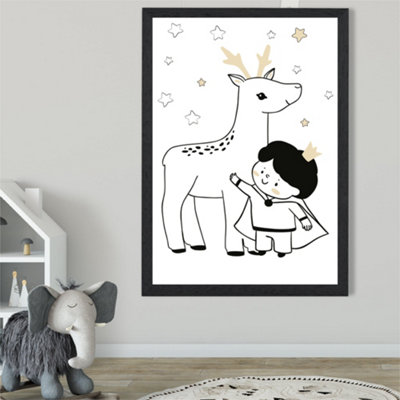 Artze Wall Art Scandi Prince Little Boy With Reindeer Framed Print Size: A2 With Black Frame from B&Q