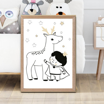 Artze Wall Art Scandi Prince Little Boy With Reindeer Framed Print Size: A2 With Oak Frame from B&Q