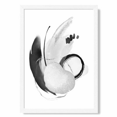 Artze Wall Art Abstract Black And White Watercolour Shapes Art Print With White Frame Size: A4 from B&Q