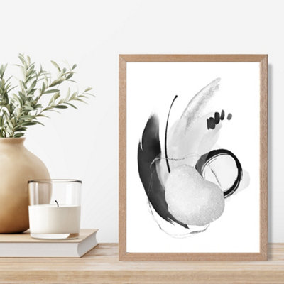 Artze Wall Art Abstract Black And White Watercolour Shapes Framed Print Size: A4 With Oak Frame from B&Q