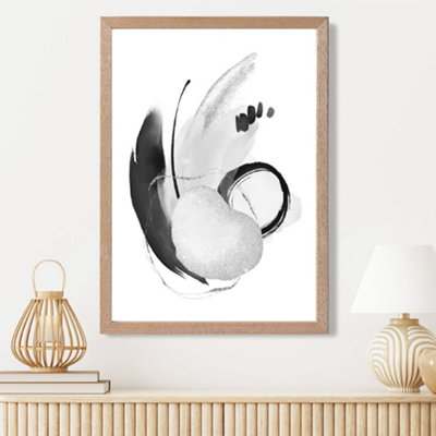 Artze Wall Art Abstract Black And White Watercolour Shapes Framed Print Size: A3 With Oak Frame from B&Q