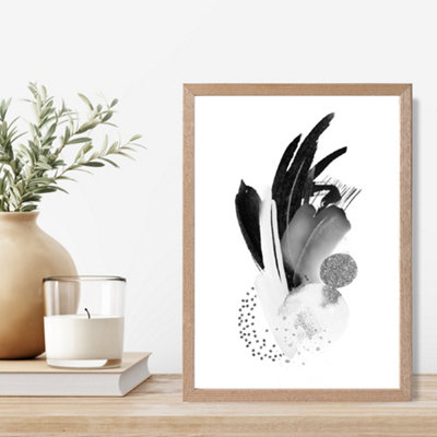 Artze Wall Art Black And White Abstract Watercolour Shapes Framed Print Size: A4 With Oak Frame from B&Q