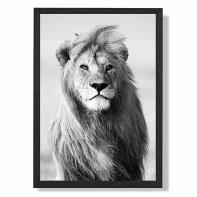 Artze Wall Art Regal Lion Animal Black And White Photo Art Print With Black Frame Size: A4