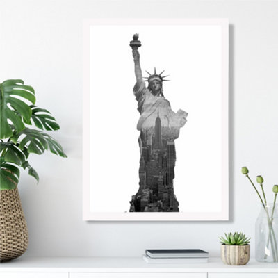 Artze Wall Art Abstract Statue Of Liberty New York Black And White Photo Framed Print Size: A3 With White Frame from B&Q